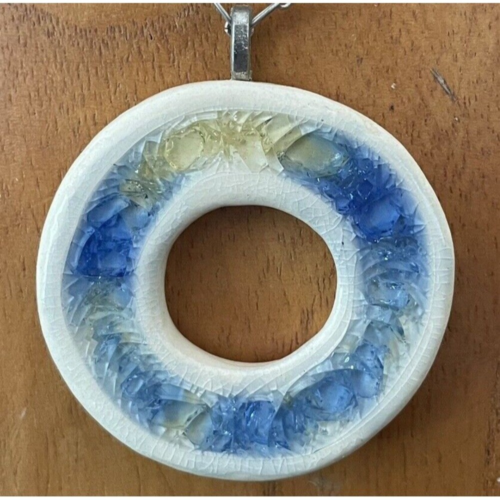 Round Donut Pendant Handmade Ceramic + Glass Blue Yellow Necklace Unique Art